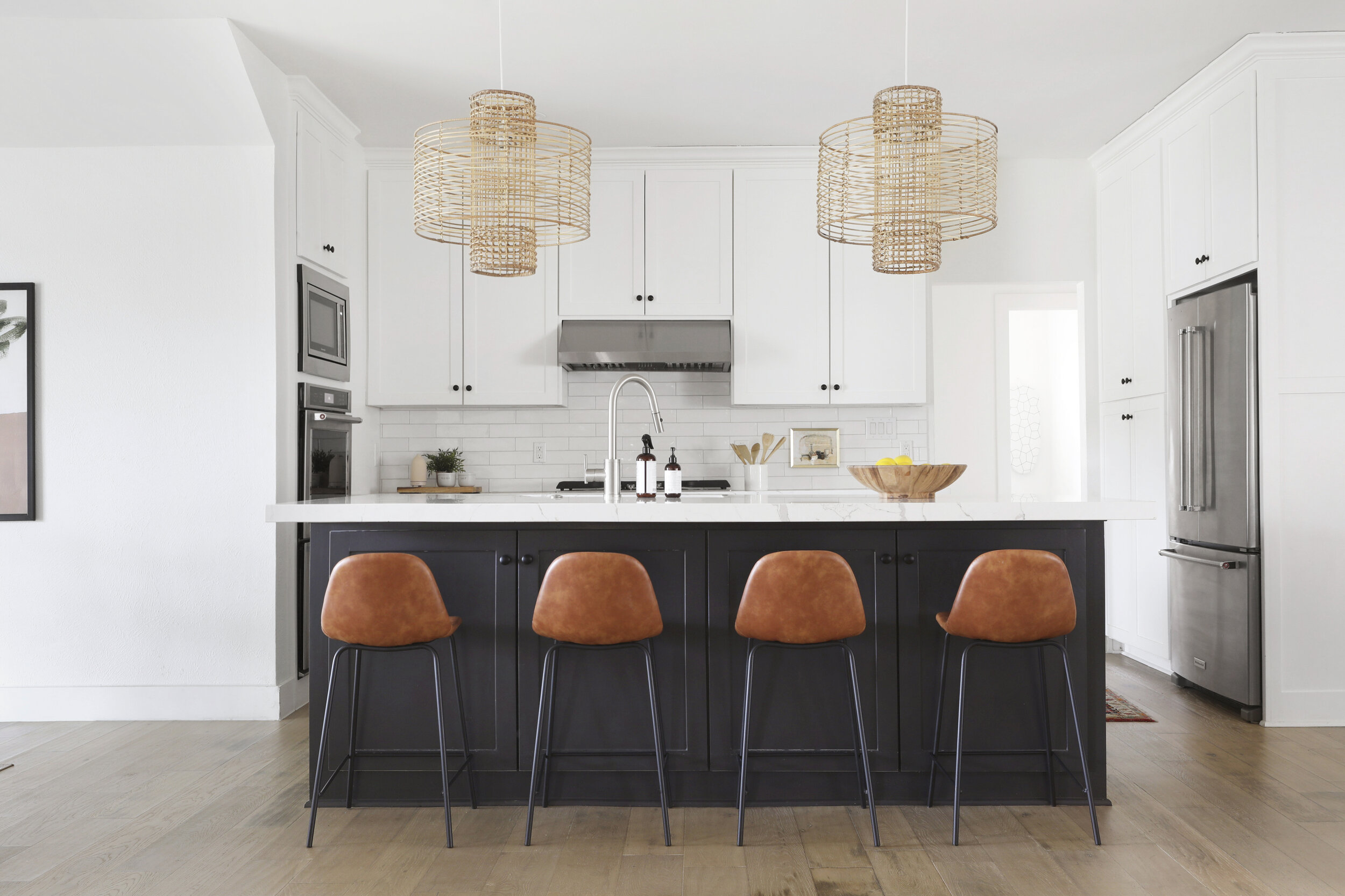 Pendants // Counter Stools (mine are out of stock, but these are better) // Faucet // Microwave // Ovens // Refrigerator // Wood Bowl (similar)