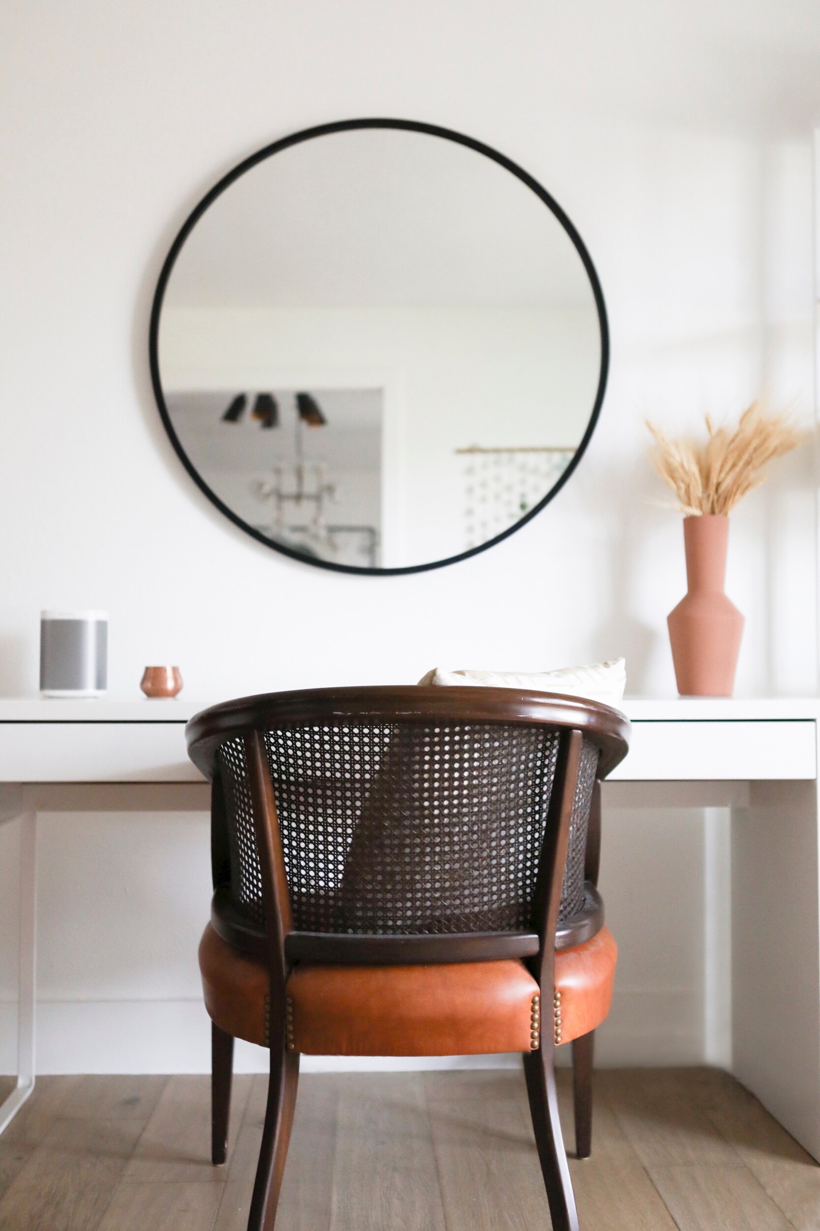 Desk // Chair (vintage, but similar here) // Vase (similar) // Bluetooth Speaker // Mirror