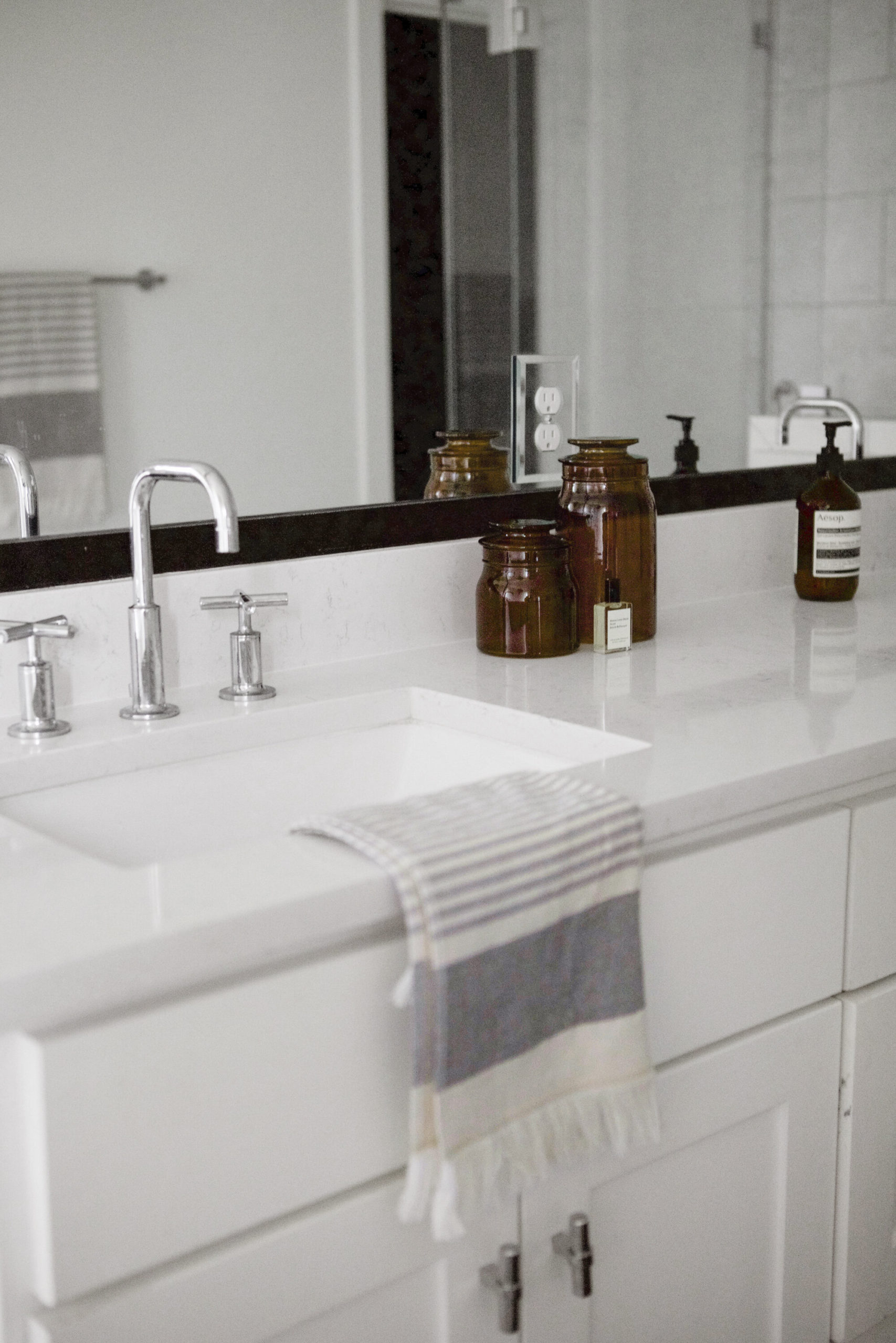 Hand Towel // Faucets // Cabinet Hardware // Amber Glass Canisters // Hand Soap // Perfume